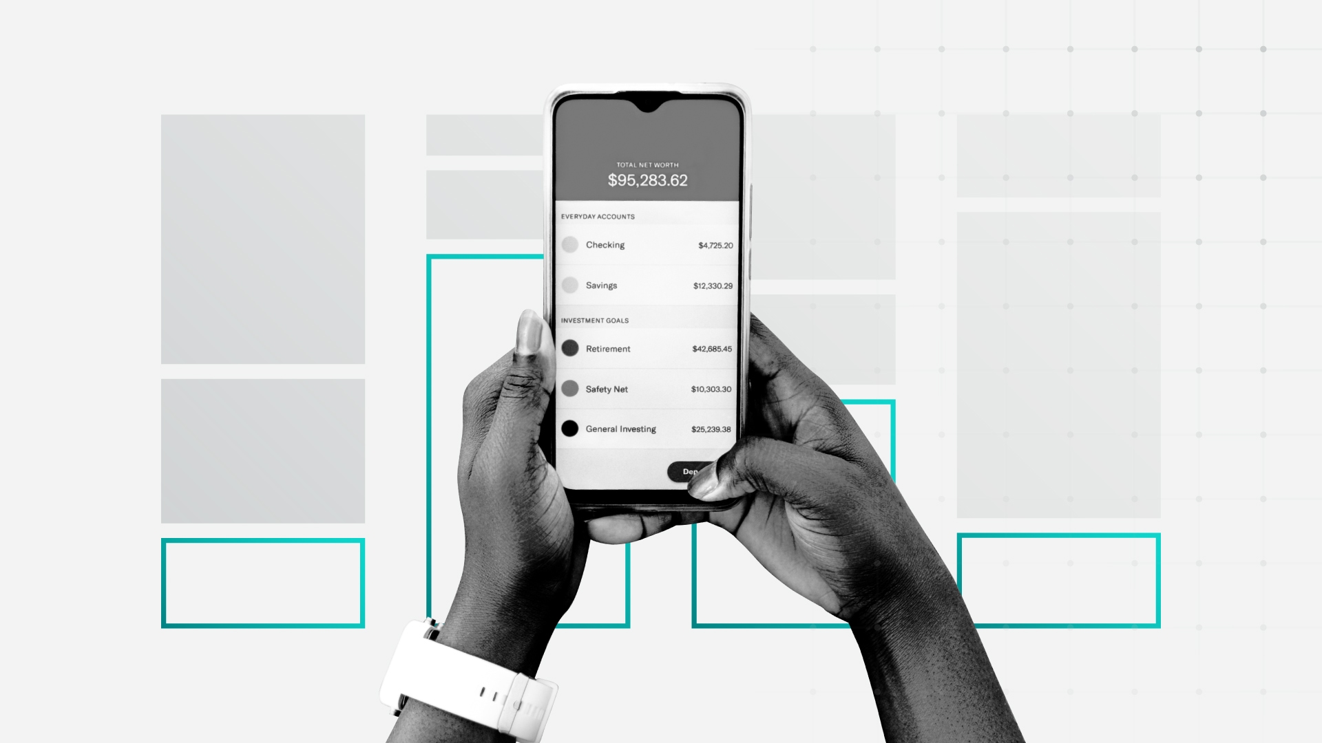 Graphic featuring a consumer using a smart phone to check their financial account balances