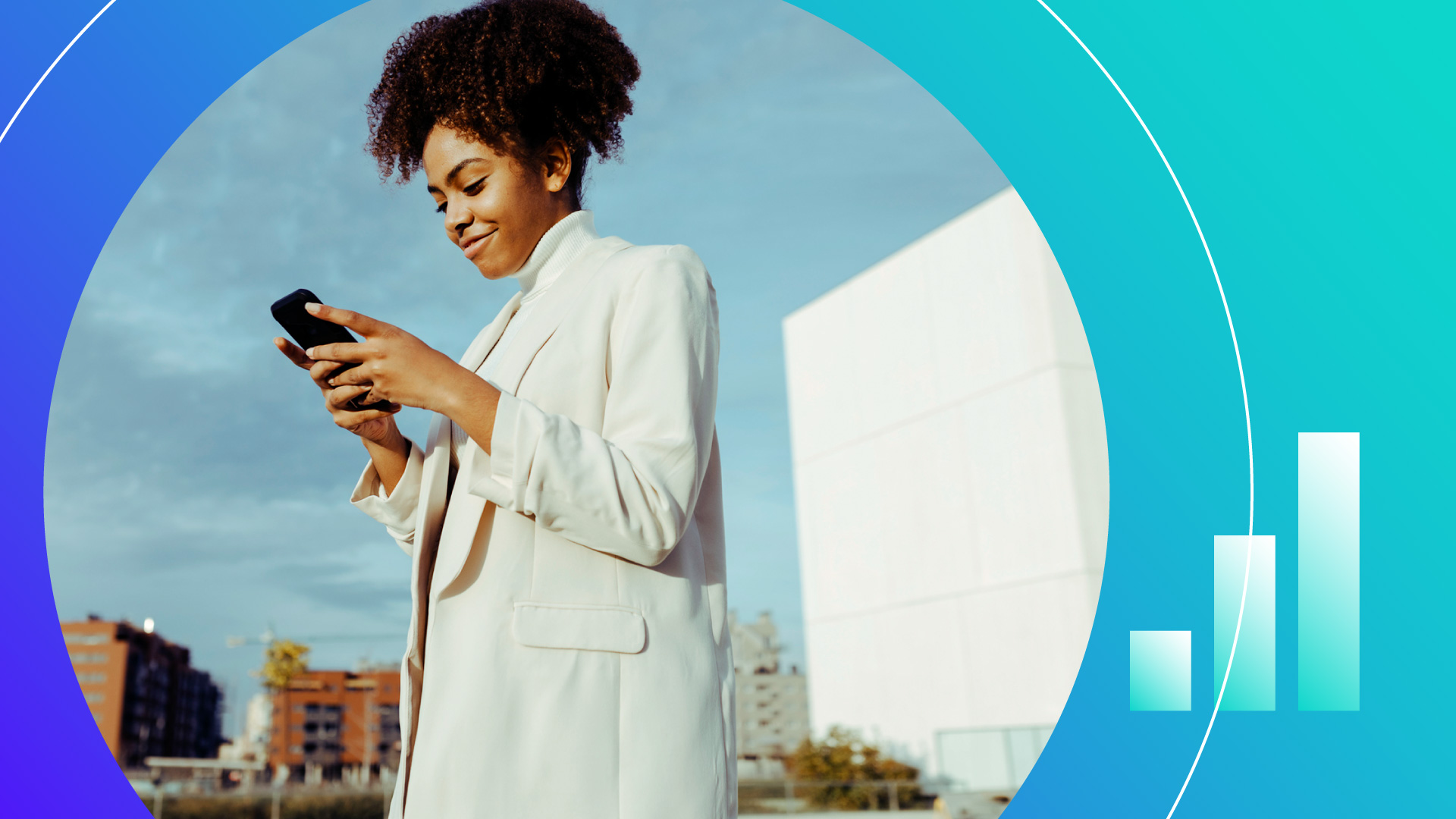 A woman looks at the phone in her hands