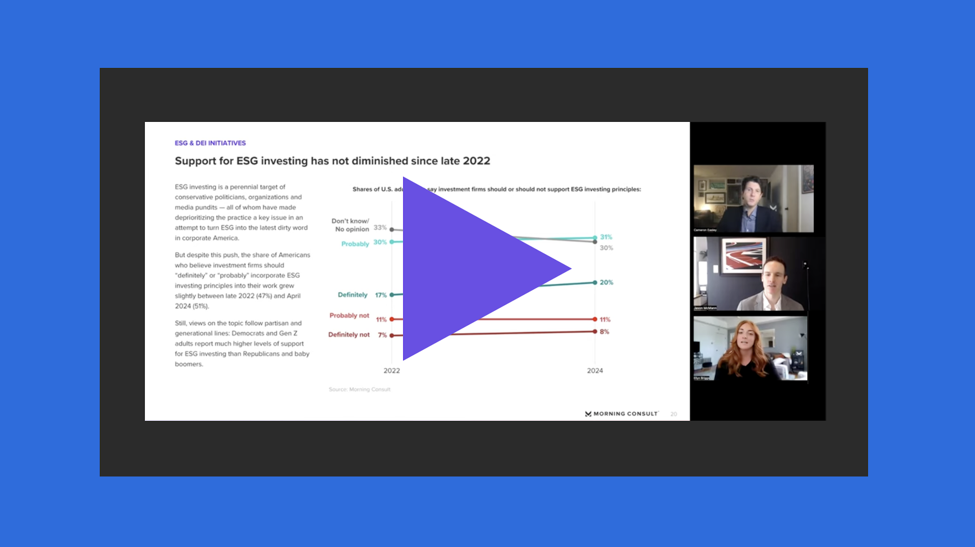 A zoom screenshot from a webinar, featuring three panelists discussing survey dayta.