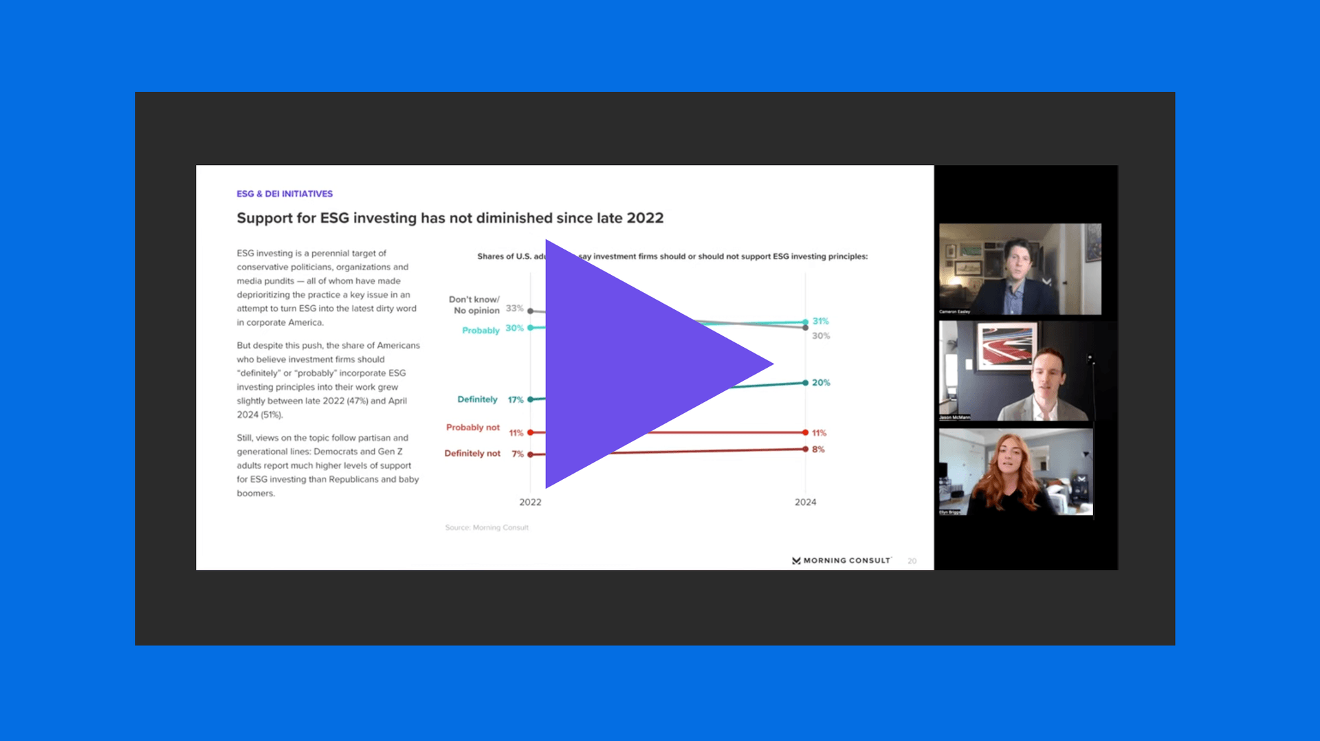 A zoom screenshot from a webinar, featuring three panelists discussing survey dayta.