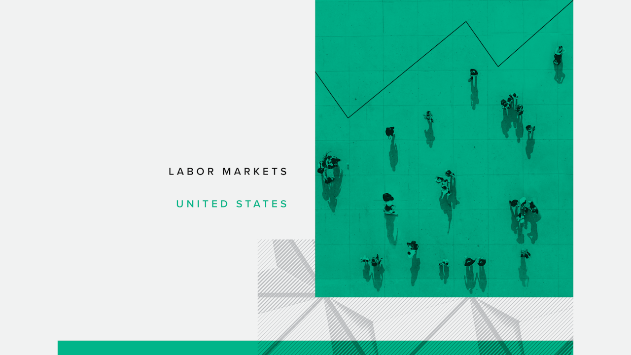 Graphic reading United States labor markets and featuring people and trend lines