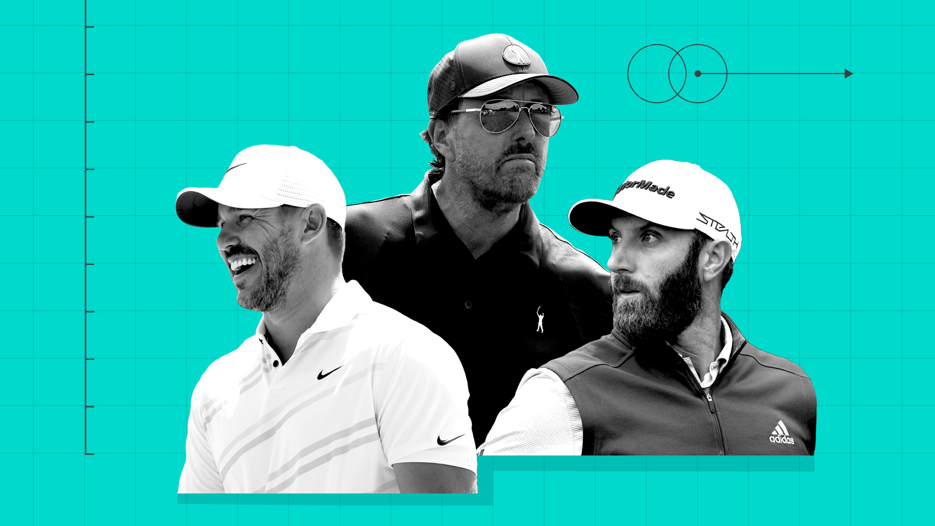 Graphic of golfers Brooks Koepka, Phil Mickelson and Dustin Johnson