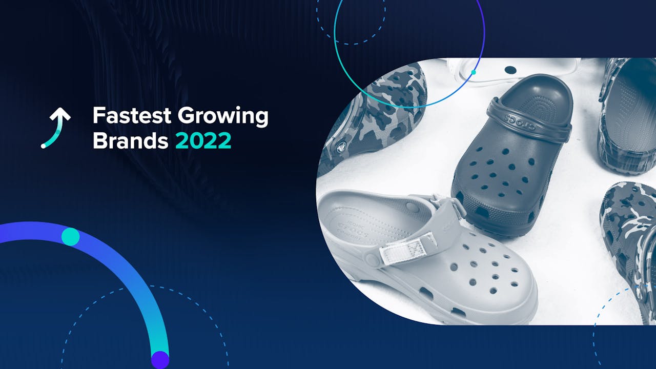 Graphic reading "Fastest Growing Brands 2022" and featuring a photograph of crocs shoes