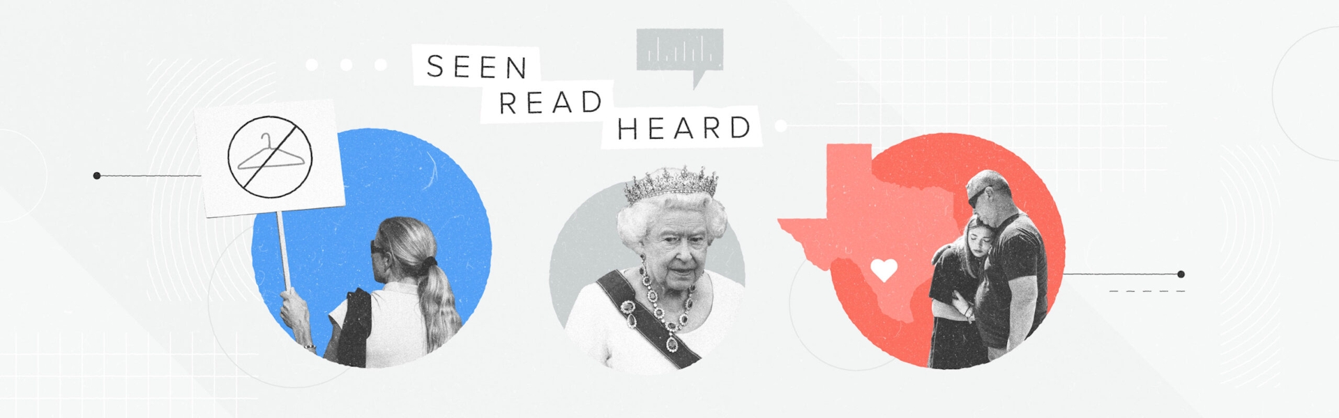 Graphic conveying what news voters saw, read and heard the most about in 2022, including the overturning of Roe v. Wade, Queen Elizabeth II's death and the shooting in Uvalde, Texas