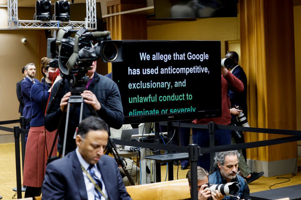 Photograph of teleprompter as Attorney General Merrick Garland announces a Department of Justice antitrust lawsuit against Google