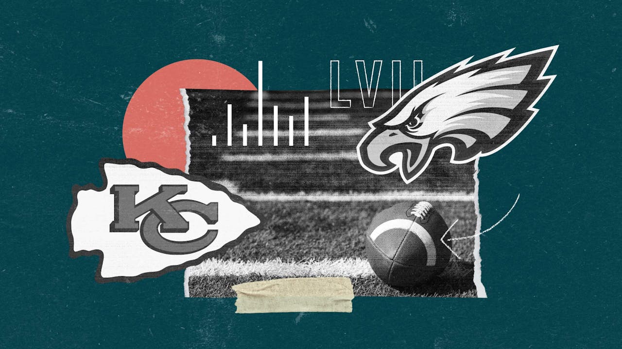 Graphic conveying Super Bowl LVII competitors the Kansas City Chiefs and the Philadelphia Eagles