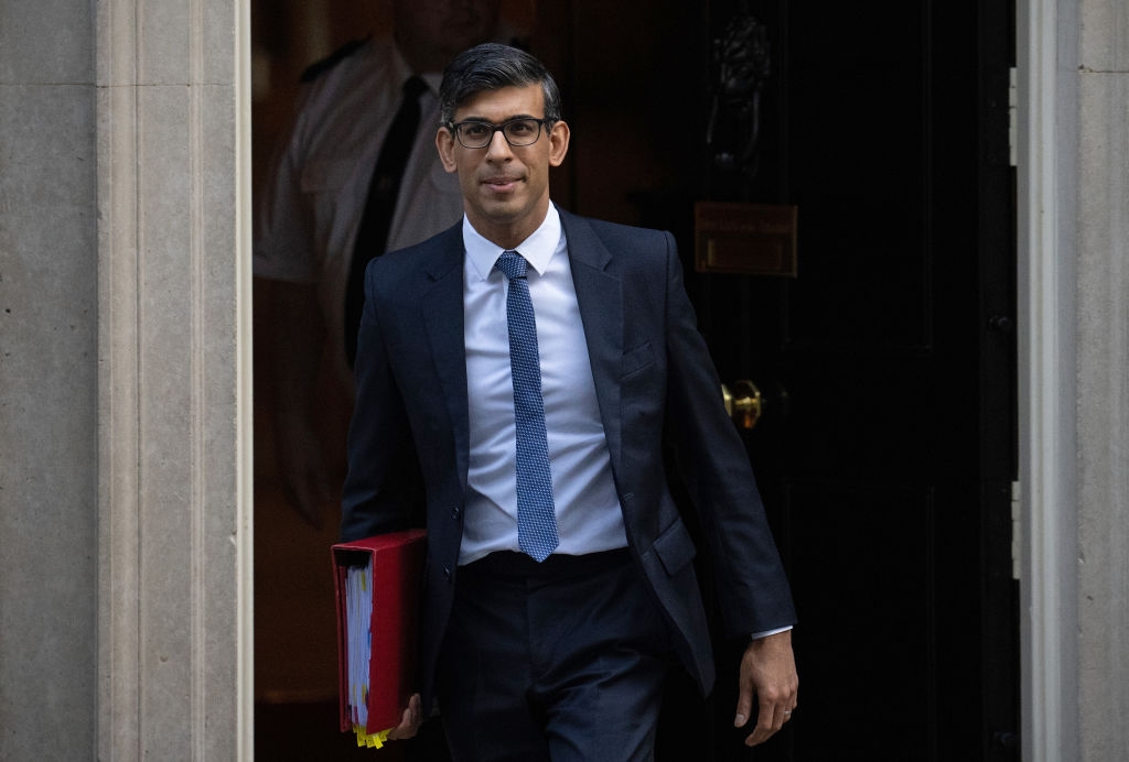 Photo of British Prime Minister Rishi Sunak leaving No. 10 Downing Street to attend prime minister's questions at the House of Commons.
