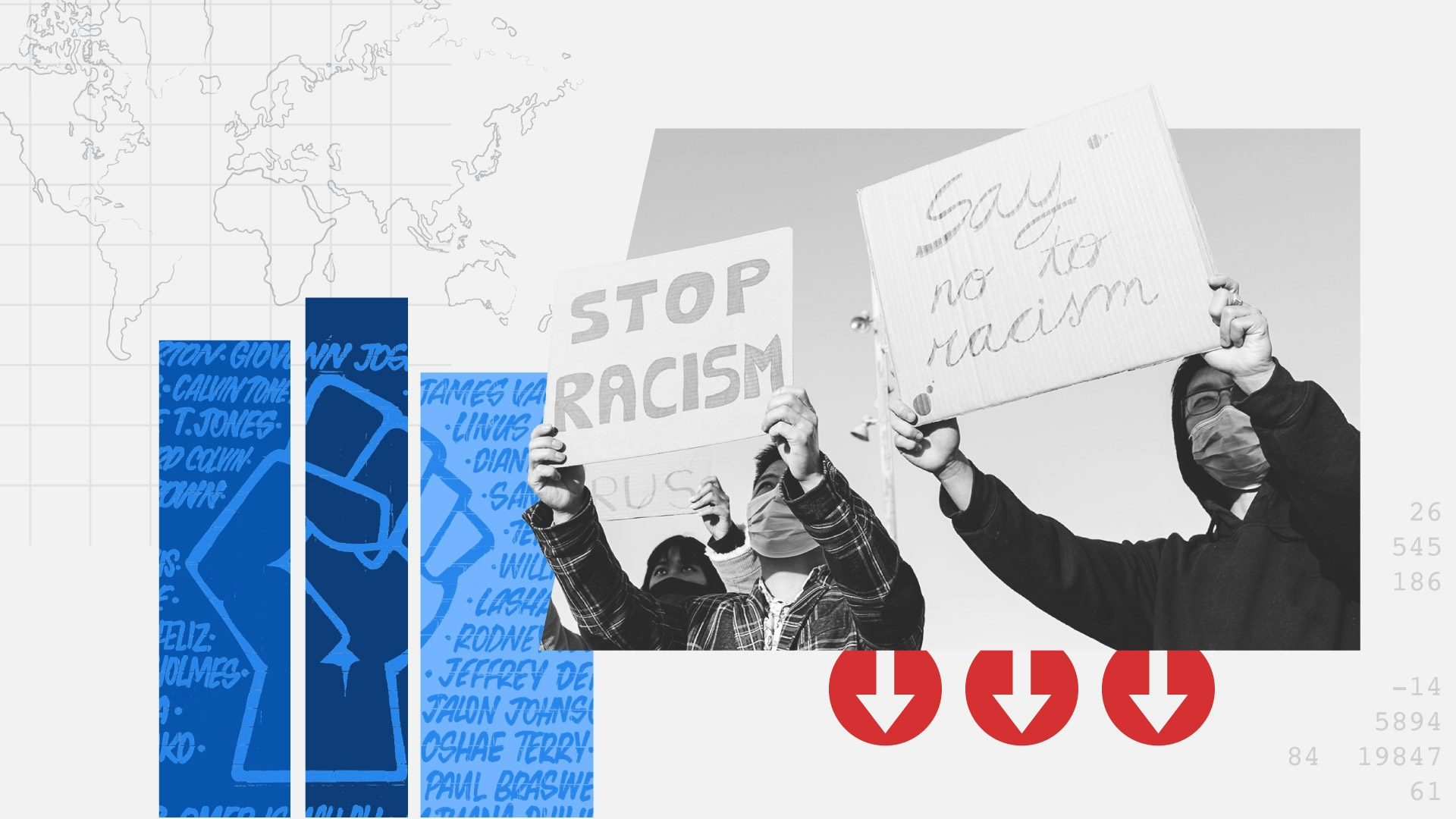 Graphic depicting protesters with signs featuring raised fist and reading "stop racism" and "say no to racism"