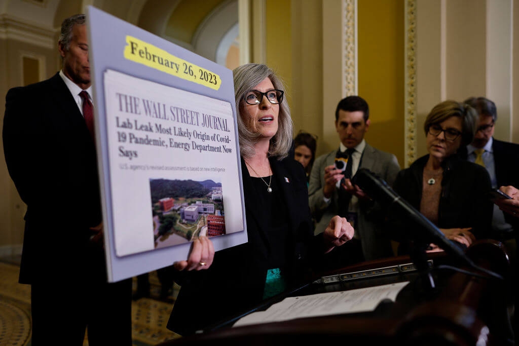 Image of Sen. Joni Ernst (R-Iowa) talking about a report in The Wall Street Journal that the Energy Department determined that the coronaviurs results from a Wuhan Institute of Virology lab leak