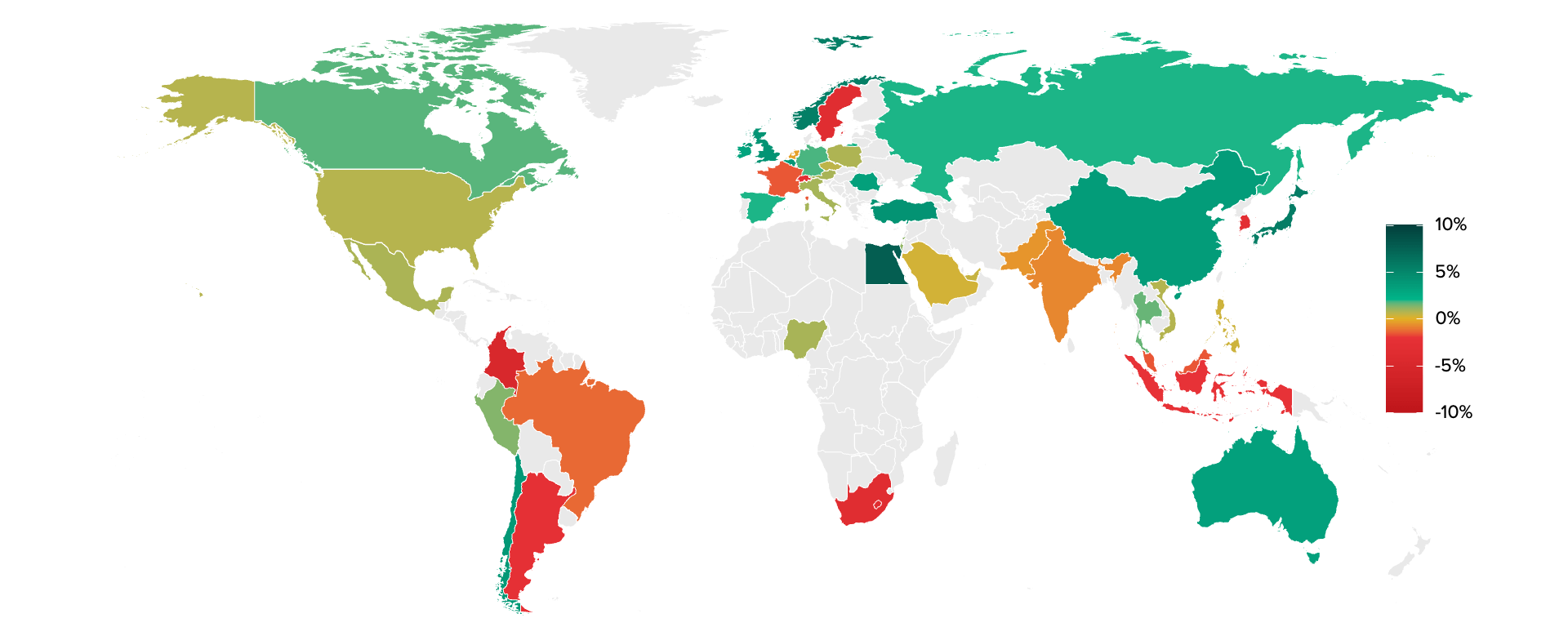 Map of monthly percentage change of the Morning Consult Index of Consumer Sentiment. The map shows Global consumer confidence continued to gain steam in March, with Morning Consult’s Index of Consumer Sentiment rising in more than two-thirds of the countries surveyed.