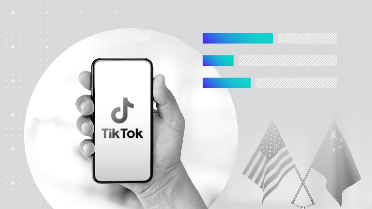Graphic featuring images of mobile phone featuring TikTok app with flags of the U.S. and China in the background
