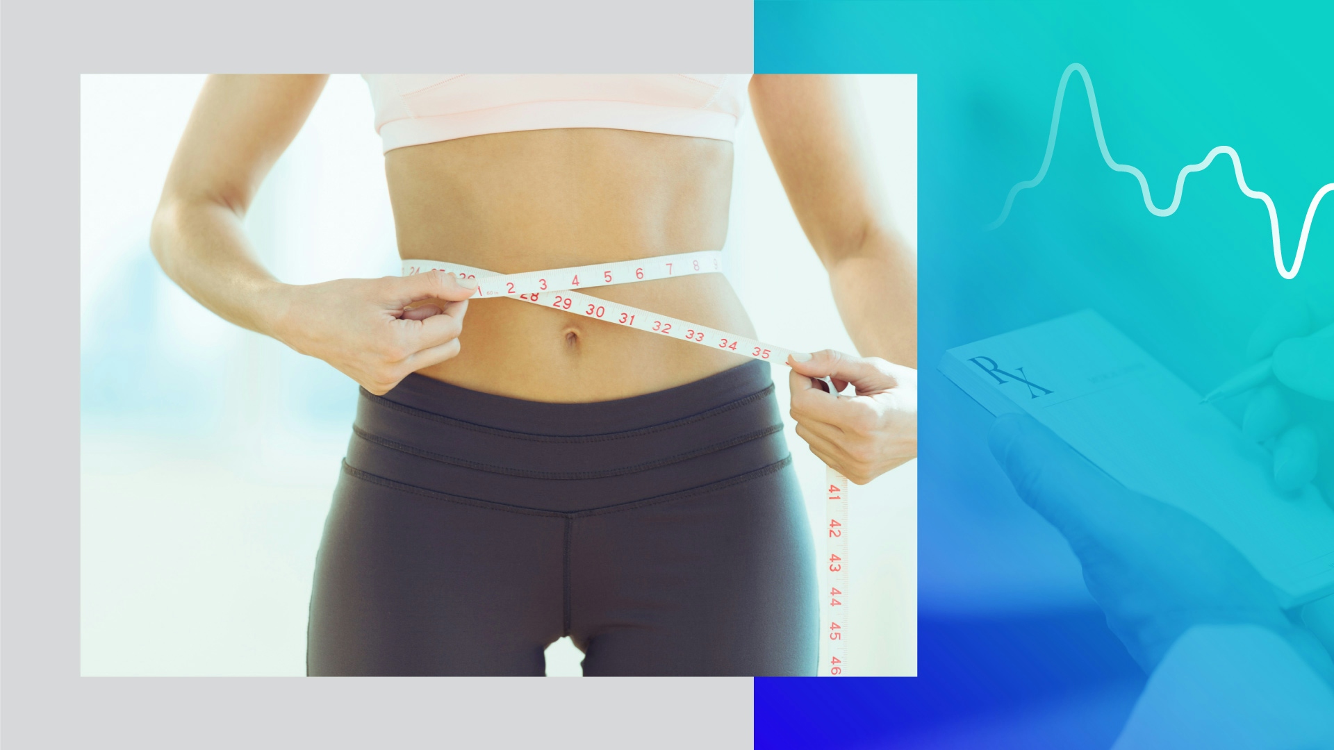 Graphic with image of a person in fitness gear measuring their waist and a doctor writing on a prescription pad