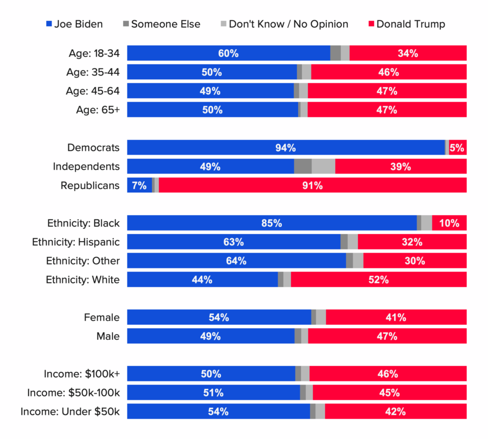 Bar charts showing demographic breakdowns of voters int the 2020 U.S. presidential election