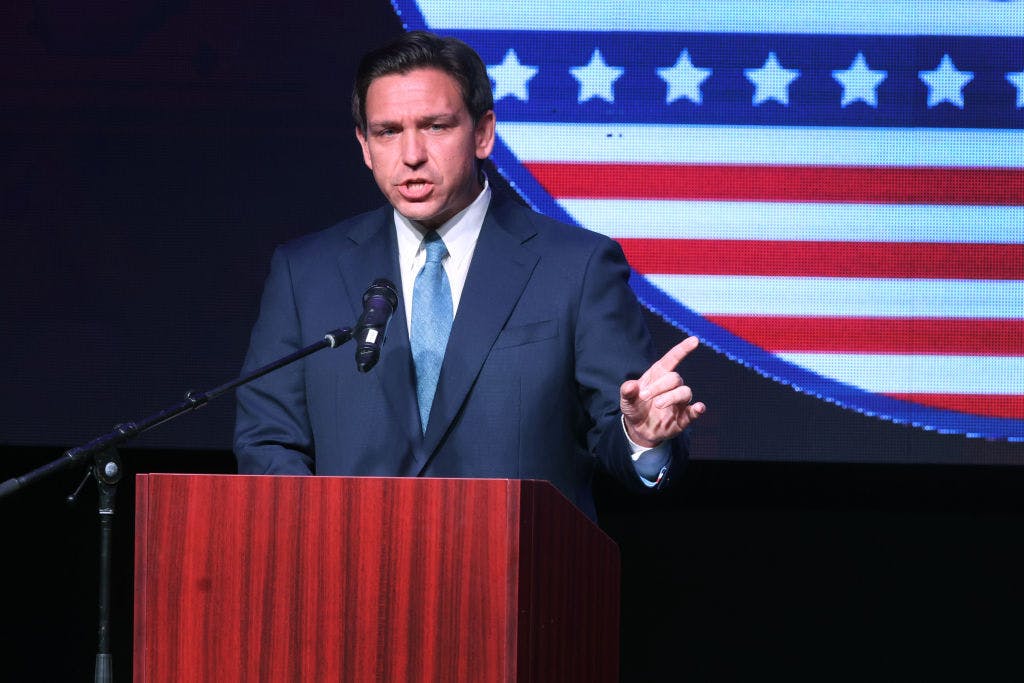 Florida Gov. Ron DeSantis speaks at a fundraiser on May 6 in Rothschild, Wis.